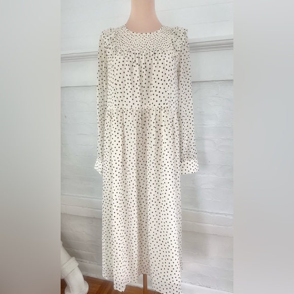 Madewell Dresses & Skirts - Madewell Smocked Ruffle-Shoulder Midi Dress Inkbrush Dots Cream Black Polka Dot